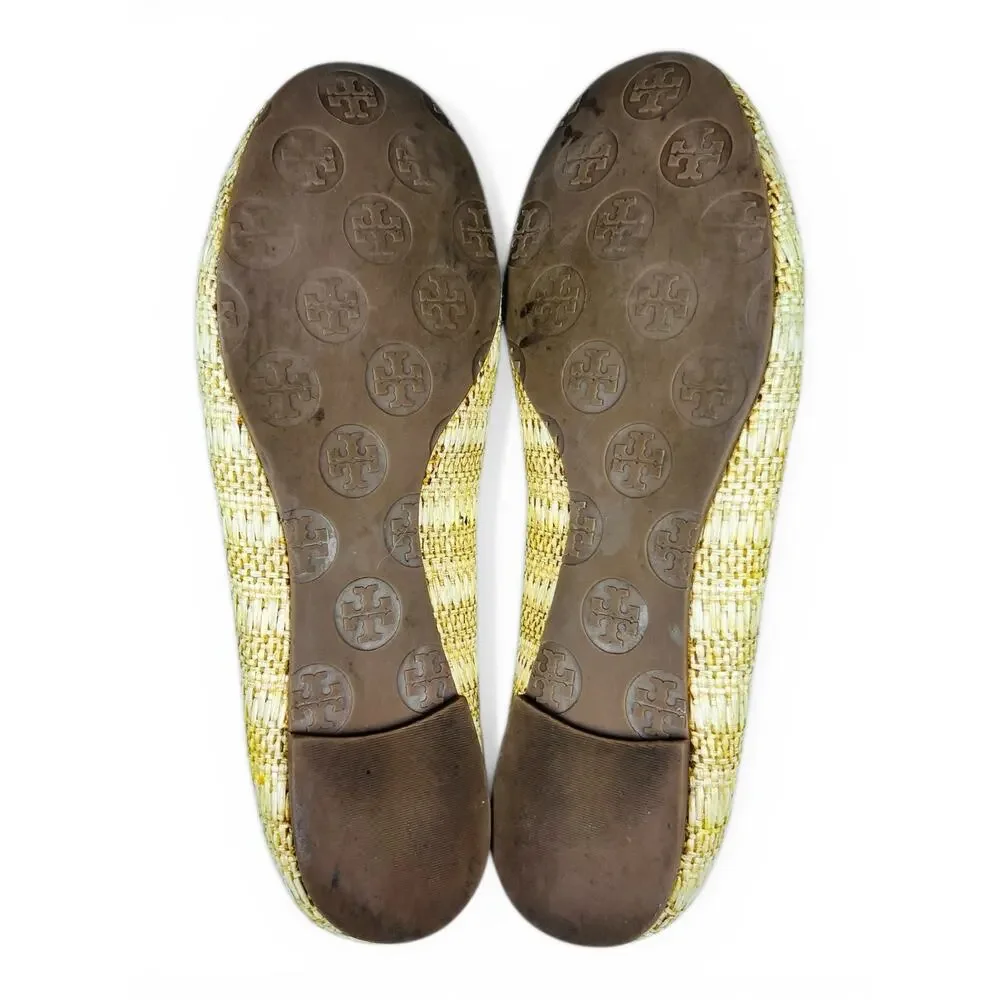 Tory Burch Reva Raffia Ballet Flats Size 7 Natural Woven Gold Logo